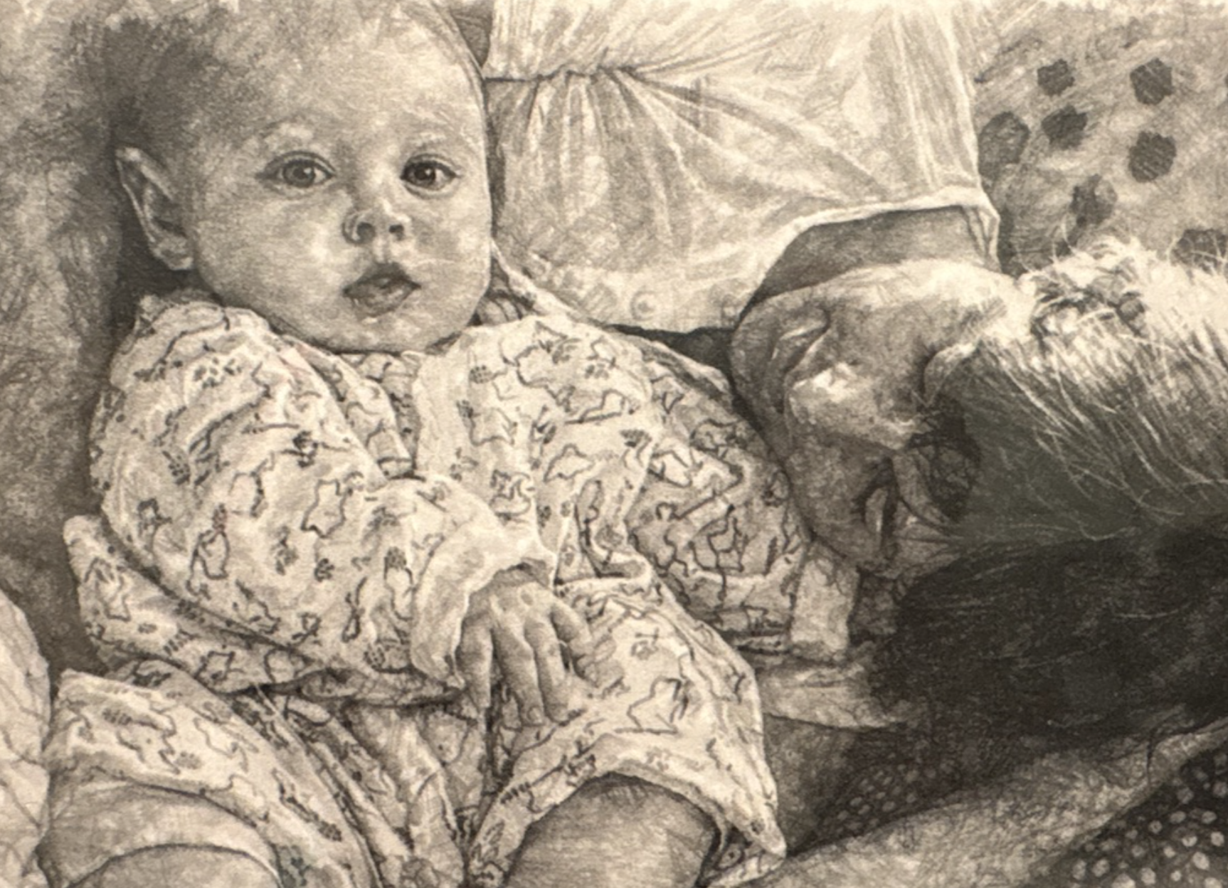 Pencil-style portrait of Brandon as a baby being held by an adult